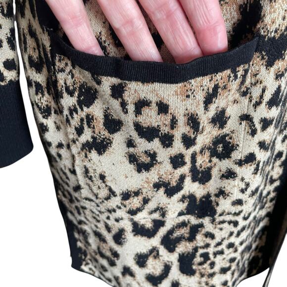 Chico's Animal Leopard Print Cardigan Sweater Size L Long Line Cozy Neutral Work - Picture 6 of 9